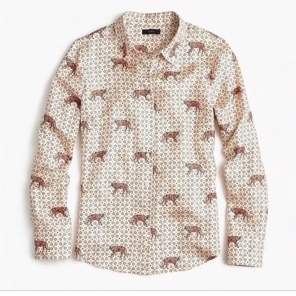 J. Crew Women’s 100% Silk Dusty Ivory Roaming Tigers Print Button Down Sz 2